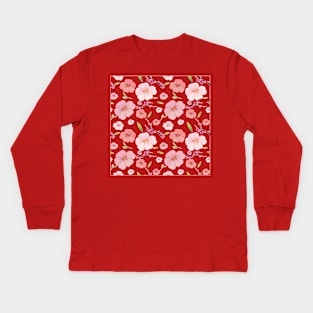 Pink Hibiscus and Sakura Red Background Kids Long Sleeve T-Shirt